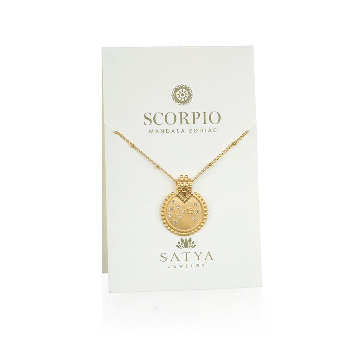 The Mandala Zodiac Scorpio Citrine Necklace elegantly presented on a card, symbolizing spiritual protection and zodiac meaning. This piece is ideal for those seeking spiritual jewelry for meditation, balancing energies of the sun and moon, and enhancing practices like yoga.