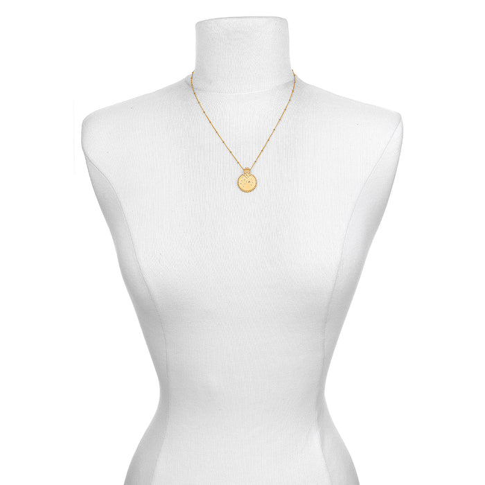 The Mandala Zodiac Scorpio Citrine Necklace displayed elegantly on a mannequin, emphasizing its beauty as spiritual jewelry. This talisman represents the zodiac's energy, ideal for meditation, fostering a meaningful connection to the sun, moon, and personal manifestation.