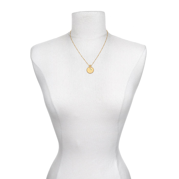 Mandala Zodiac Taurus Emerald Necklace displayed on a mannequin, highlighting its beauty as a piece of spiritual jewelry. A symbolic representation for Taurus, this necklace is ideal for meditation gifts and meaningful manifestations.