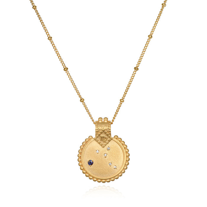 Mandala Zodiac Virgo Sapphire Necklace featuring an intricate gold-plated design, symbolizing protection and spiritual awakening. This meaningful talisman is perfect for meditation and yoga enthusiasts, embodying the essence of the Virgo zodiac sign while enhancing manifestation and mindfulness.
