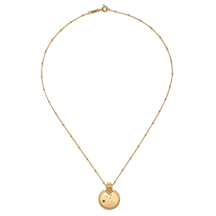The Mandala Zodiac Virgo Sapphire Necklace displayed elegantly, highlighting its unique circular pendant and delicate chain. This piece serves as spiritual jewelry that enhances yoga practice and reflects the essence of the Virgo zodiac for meaningful meditation.