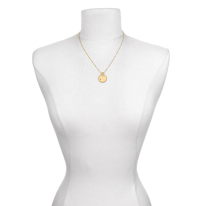 The Mandala Zodiac Virgo Sapphire Necklace on a mannequin, emphasizing its beauty and style. An ideal talisman for those seeking spiritual growth, this necklace embodies the qualities of the Virgo zodiac, sun, moon, and the power of manifestation.