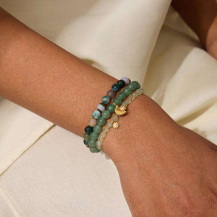 A close-up of the Manifest Peace Gemstone Bracelet Set worn on a wrist, showcasing the harmonious blend of green aventurine and other gemstones. This spiritual jewelry symbolizes growth and creativity, making it ideal for meditation, zodiac rituals, and those exploring meaningful practices in their journey.