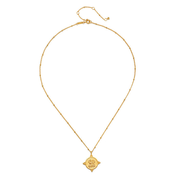 Gold-toned chain necklace with adjustable clasp and circular coin pendant featuring embossed deity design.