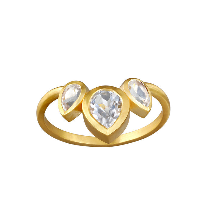 Manifesting Dreams White Topaz Petal Ring set in an elegant design made of 18kt gold plate, showcasing three pear-shaped white topaz stones, epitomizing the essence of spiritual jewelry, ideal for meditation and meaningful manifestation.
