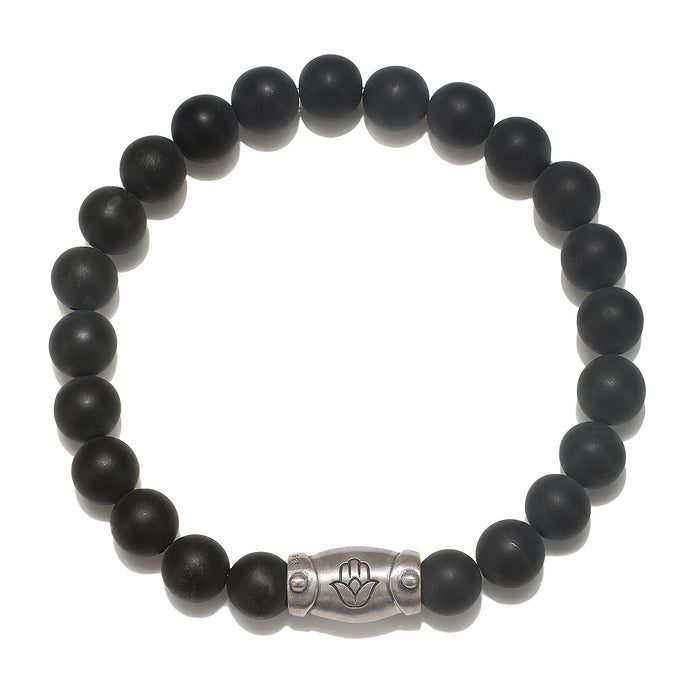 Men's Enduring Blessings Hamsa Black Onyx Gemstone Bracelet, showcasing matte black beads and a silver hamsa symbol, ideal for spiritual jewelry and meditation practices, serving as a talisman for protection, meaning, and manifestation in yoga and zodiac traditions.