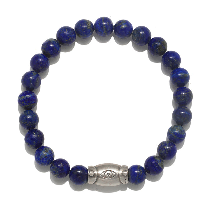 Men's Eye Lapis Gemstone Bracelet featuring vibrant blue lapis stones and a protective etched eye bead. This spiritual jewelry is perfect for meditation, serving as a talisman for zodiac enthusiasts, promoting spiritual growth and protection through meaningful manifestation during yoga practices.