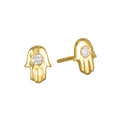 Mini Hamsa Diamond 14kt Gold Stud Earrings showcasing a beautiful hamsa symbol, embodying protection and blessings. This spiritual jewelry, perfect for meditation and as a talisman, represents meaningful charm for zodiac enthusiasts and yoga practitioners, embracing concepts of manifestation under the sun and moon.