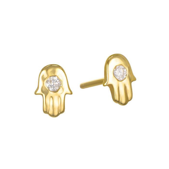 Mini Hamsa Diamond 14kt Gold Stud Earrings showcasing a beautiful hamsa symbol, embodying protection and blessings. This spiritual jewelry, perfect for meditation and as a talisman, represents meaningful charm for zodiac enthusiasts and yoga practitioners, embracing concepts of manifestation under the sun and moon.