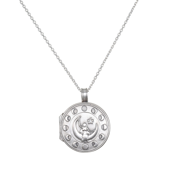 Mother Moon Silver Locket Necklace featuring intricate celestial design with crescent moon and phases, symbolizing protection and nourishment in spiritual jewelry, perfect for meditation, yoga, and meaningful manifestations.