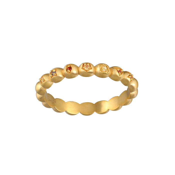 Gold-tone ring with multiple round beads featuring colorful stone accents set along the band.