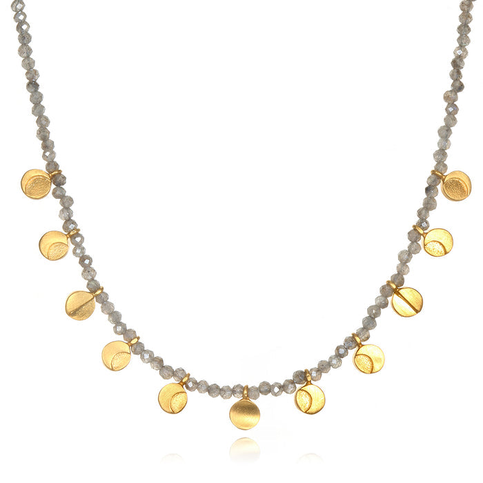 Mystical Moonlight Necklace featuring tiny beads of labradorite and delicate 18k gold plate moon charms, symbolizing spirituality and meditation. A perfect talisman for those interested in zodiac and yoga, embodying protection and manifestation.