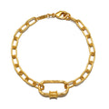 New Beginnings Lotus Charm Holder Bracelet in 18kt gold plate featuring a carabiner design for meaningful charms, perfect for spiritual jewelry and meditation, symbolizing transformation and renewal.