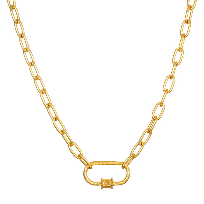 The New Beginnings Lotus Charm Holder Necklace laid flat, focusing on the chain-link design and carabiner charm holder. This spiritual jewelry embodies meanings of new beginnings and is a perfect talisman for those seeking protection and spiritual growth during yoga practices.