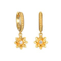 New Chapter Lotus Huggie Earrings featuring a detailed lotus flower design with a sparkling white topaz, embodying spiritual jewelry for meditation and a meaningful talisman for manifestation and protection.