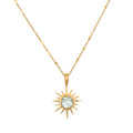 North Star Blue Topaz Starburst Necklace featuring a luminous blue topaz set in an 18kt gold plated starburst, perfect for spiritual jewelry and meditation, symbolizing protection and meaningful manifestation.