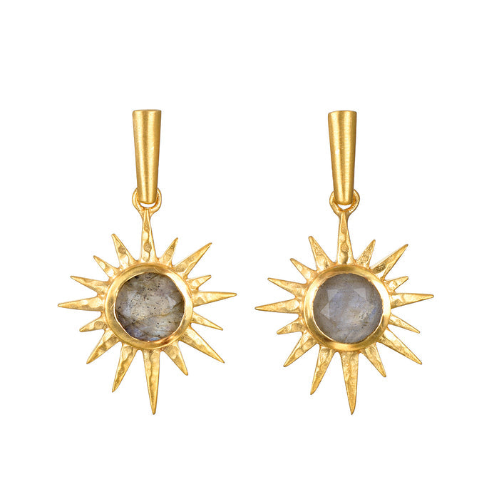 Pair of gold starburst earrings with labradorite stone centers and tapered bail tops.