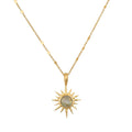 North Star Labradorite Starburst Necklace featuring a stunning labradorite pendant, perfect for spiritual jewelry enthusiasts. This unique piece serves as a talisman for meditation and manifestation, embodying the essence of the sun with its starburst design. Ideal for yoga practitioners and those seeking protection and meaningful charms in their collection.