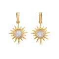 North Star Moonstone Starburst Earrings showcasing luminous moonstones set in 18KT gold plate starbursts; a perfect piece of spiritual jewelry for meditation and meaningful manifestation, representing sun and moon energies.