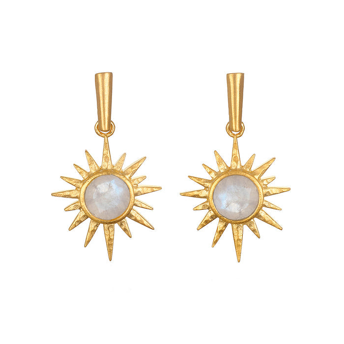North Star Moonstone Starburst Earrings showcasing luminous moonstones set in 18KT gold plate starbursts; a perfect piece of spiritual jewelry for meditation and meaningful manifestation, representing sun and moon energies.