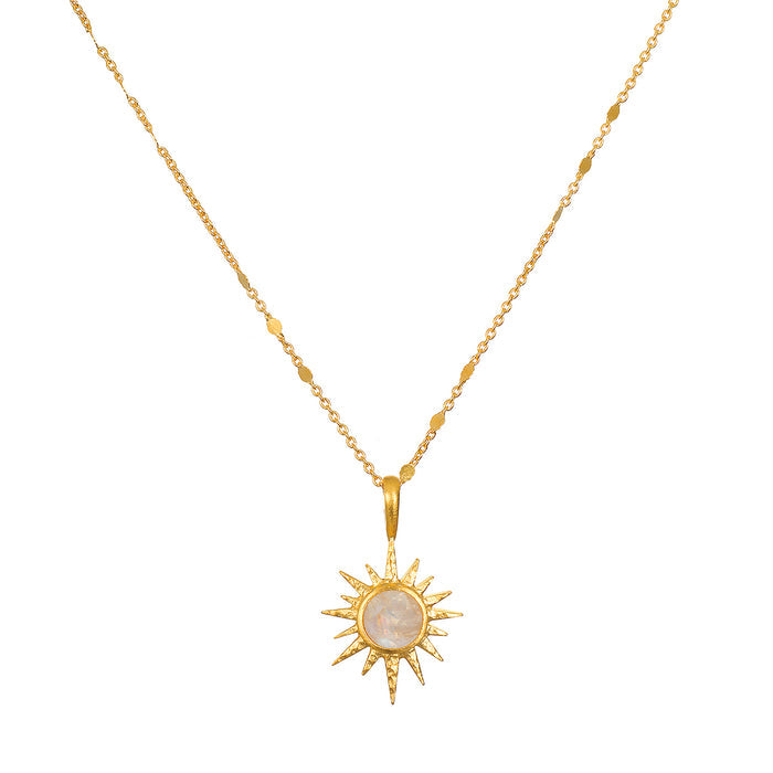 North Star Moonstone Starburst Necklace featuring a luminous moonstone pendant set in an 18kt gold plate starburst design, representing spiritual jewelry and meditation. Ideal for those seeking a meaningful talisman for manifestation, protection, and yoga.