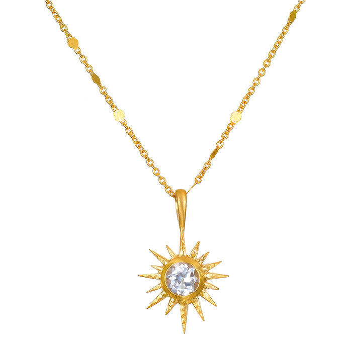 Gold chain necklace with starburst pendant featuring clear stone center and yellow gemstone accents along chain.