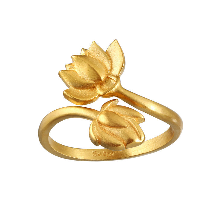 Open to Possibilities Double Lotus Ring showcasing intricate lotus flowers in 18kt gold plate, a symbol of new beginnings and potential, perfect as spiritual jewelry for meditation and meaningful charm in practices like yoga and manifestation.