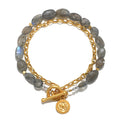 Gray labradorite beads with gold-tone chain and toggle clasp, featuring a gold lotus pendant charm.