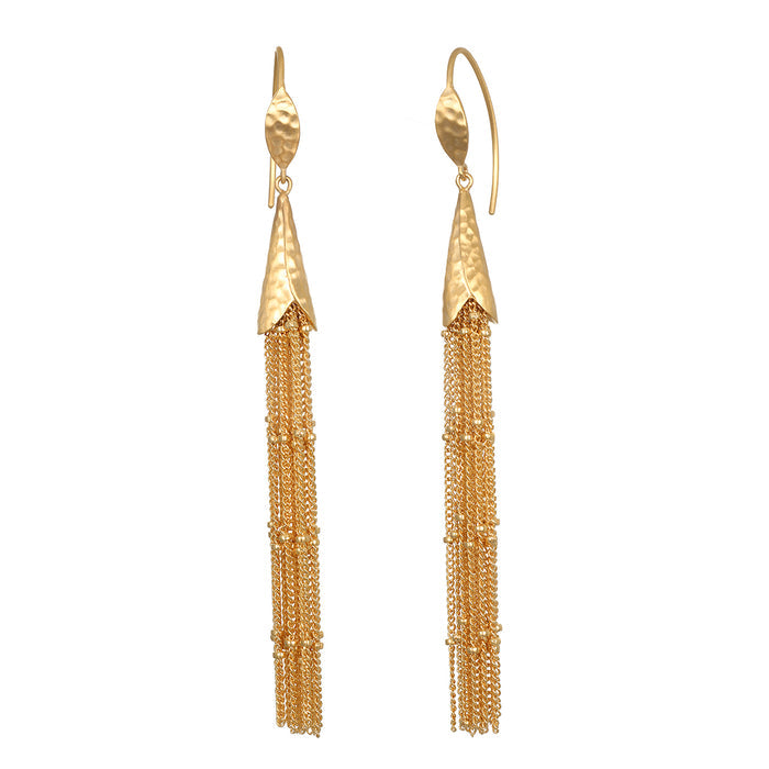 Gold-tone drop earrings with hammered cone studs and chain tassels, shown as a pair on wires.