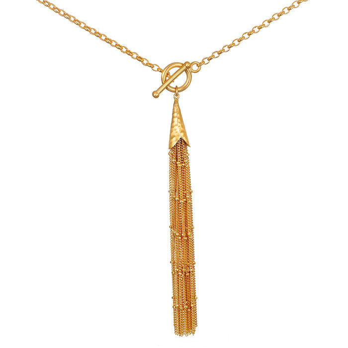 Gold-tone chain necklace with toggle clasp and elongated tassel pendant.