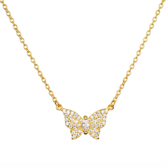 Gold-tone chain necklace with butterfly pendant set with cubic zirconia stones and oval center stone.