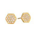 Pair of hexagonal gold studs with paved cubic zirconia stones throughout the surface.