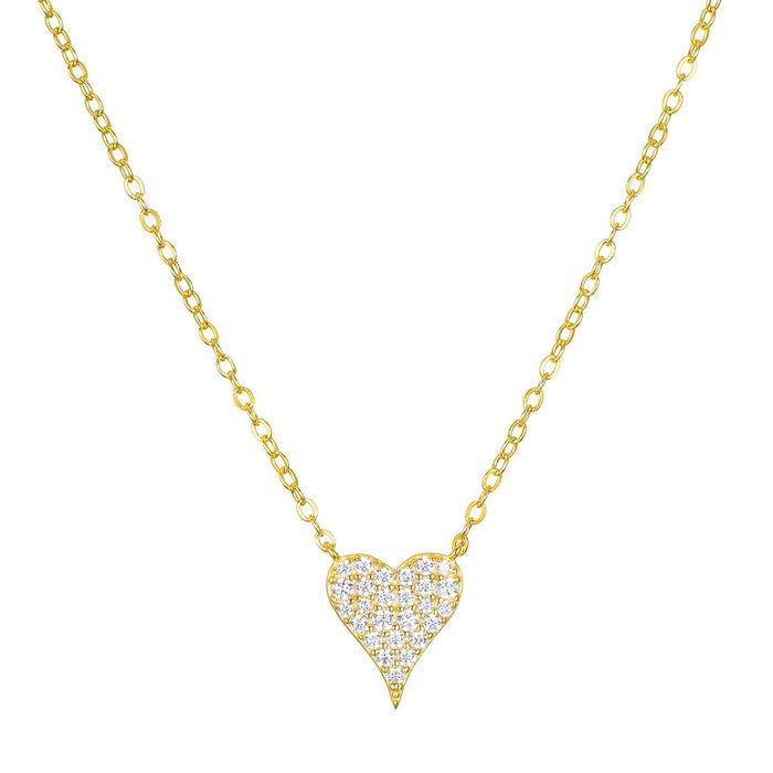 Gold chain necklace with heart-shaped pendant set with small crystals throughout.