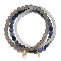 Peace & Protection Moon Gemstone Bracelet Set showcasing a trio of white jade, grey agate, and sodalite beads. This spiritual jewelry promotes inner peace, creativity, and joy, making it a perfect gift for meditation and yoga practices. Each bead symbolizes protection and meaningful connections, ideal for those seeking manifestations and amulets to enhance their sacred journey.
