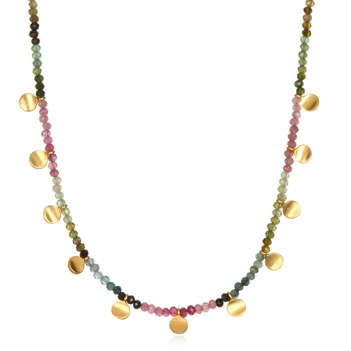 Peace & Protection Tourmaline Choker featuring colorful tourmaline stones and accented with 18k gold charms, perfect for spiritual jewelry, meditation gifts, and symbolic meaning in yoga and mantra practices.