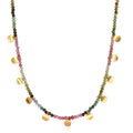 Peace & Protection Tourmaline Choker featuring colorful tourmaline stones and accented with 18k gold charms, perfect for spiritual jewelry, meditation gifts, and symbolic meaning in yoga and mantra practices.