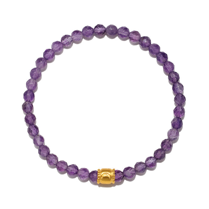 Purple amethyst beaded stretch bracelet with gold-tone cube spacer bead.