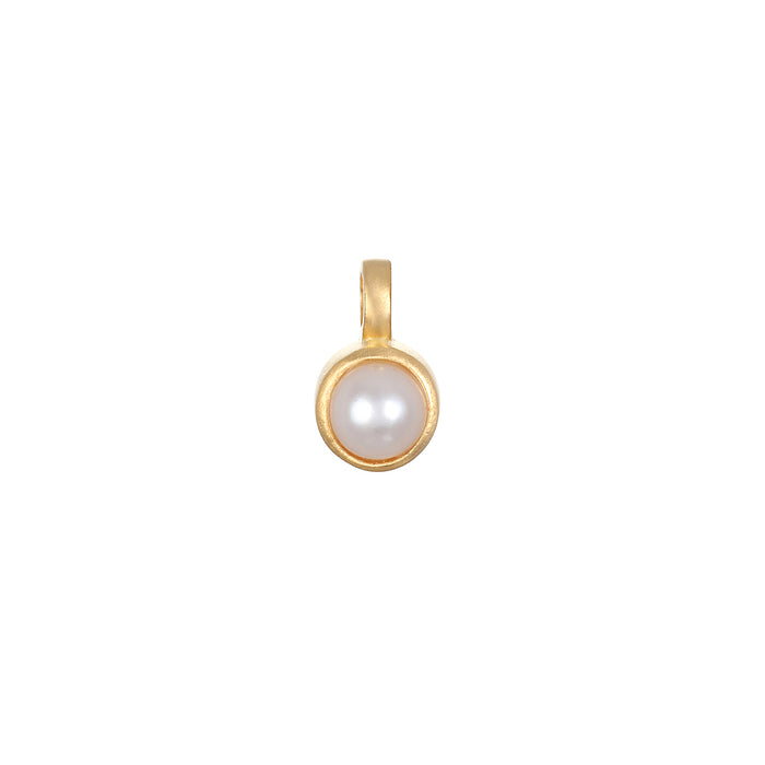 Elegant Pearl Bezel Charm in 18kt gold plate, a perfect addition to spiritual jewelry for personal expression, featured as a meaningful talisman representing June birthstone qualities of innocence and beauty. Ideal for yoga, meditation, and manifestation practices.