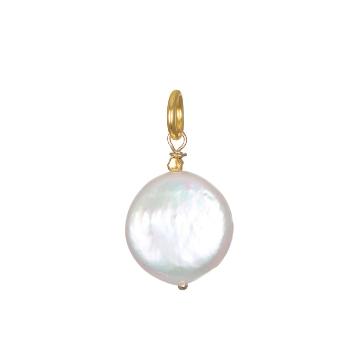 Round white pearl charm with gold-toned bail and attachment loop.