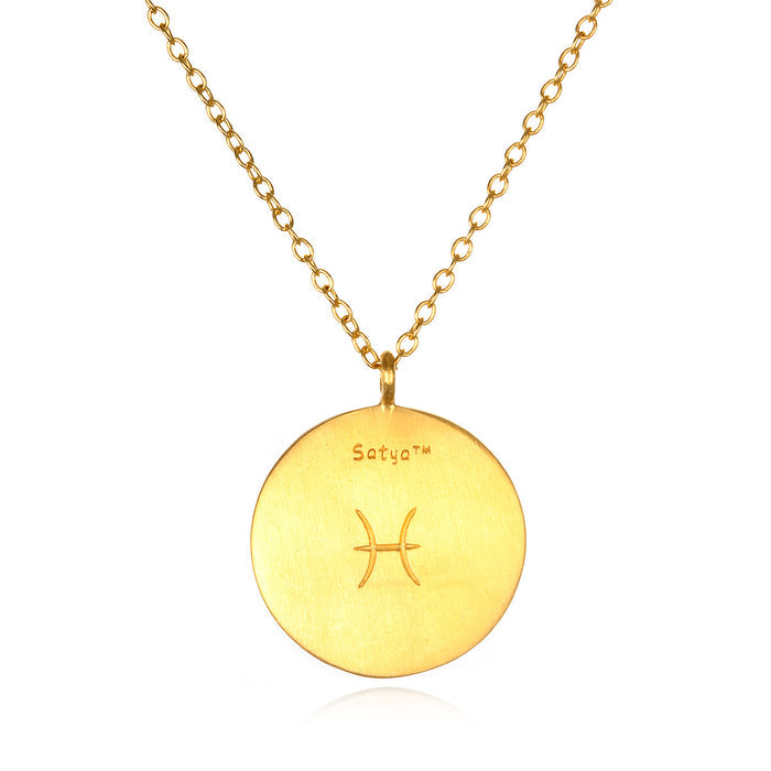 Pisces Zodiac Necklace with a sleek gold finish and engraved symbol, making it a standout piece in spiritual jewelry, embodying elements of protection, sacredness, and zodiac significance.