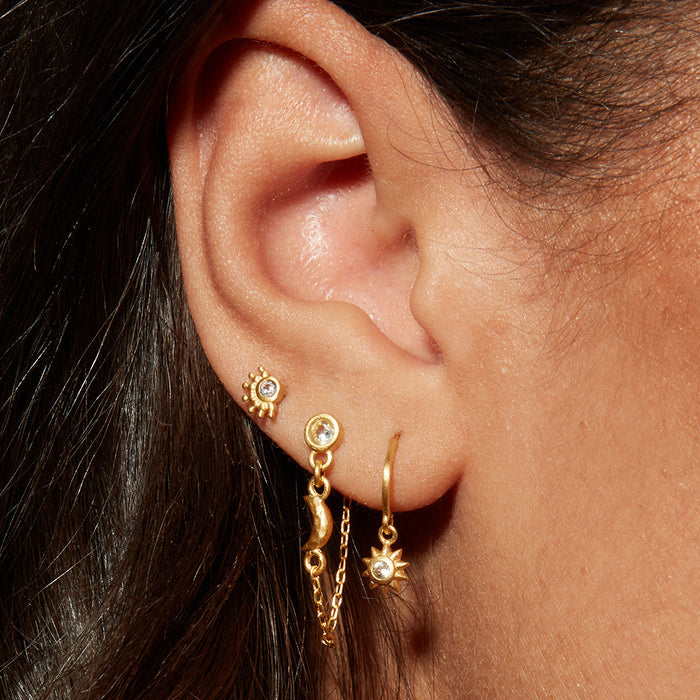 Close-up of the Promise of Magic Earrings worn, showcasing their elegant design with sun and moon symbols, symbolizing spiritual connections and meaningful intentions. Ideal for yoga and meditation practice, these earrings offer a sense of protection and manifestation.