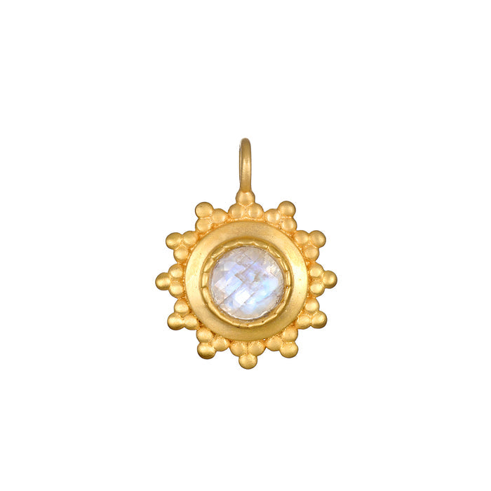 Protect Your Magic Moonstone Charm featuring a beautiful 5mm faceted round rainbow moonstone in a radiant 18k gold plate design. This spiritual jewelry embodies meaning and protection, perfect for meditation and yoga practices, symbolizing the energy of the sun and moon to aid in manifestation.
