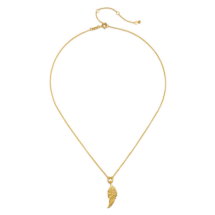 Gold-toned chain necklace with adjustable clasp and wing-shaped pendant hanging at center.