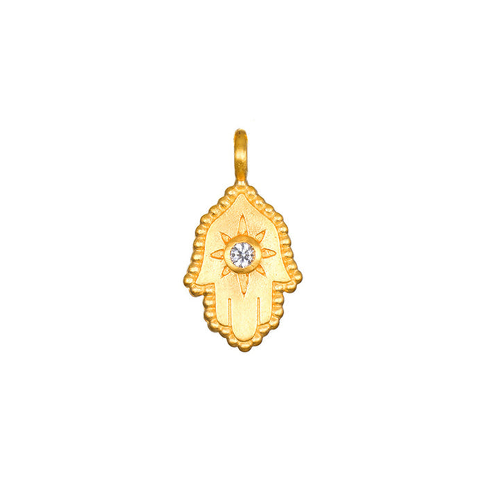 Protective Hand Hamsa Charm featuring a radiant white topaz, symbolizing protection and blessings. This spiritual jewelry serves as a talisman for manifestation, embodying the energy of the sun and moon, perfect for meditation and yoga, providing meaningful protection during spiritual practices.