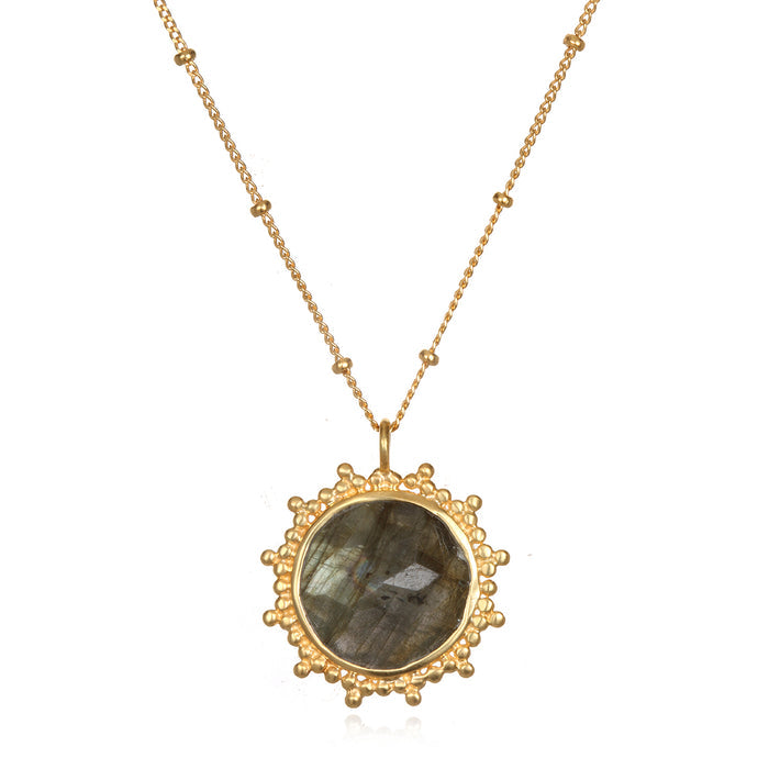 Pursue Your Truth Labradorite Necklace featuring a stunning labradorite pendant set in 18k gold plate. This piece of spiritual jewelry symbolizes imagination, perseverance, and truth, making it perfect for meditation gifts or as a protective amulet for yoga enthusiasts. Its meaningful design encourages manifestation and connects with zodiac energies, offering a sacred touch to any outfit.