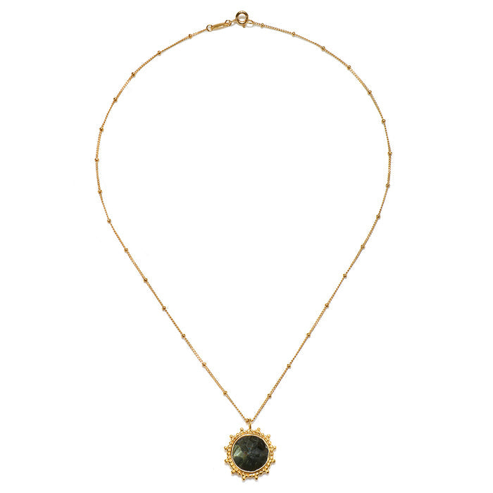 Elegant Pursue Your Truth Labradorite Necklace on a plain backdrop, showcasing the intricate labradorite pendant surrounded by golden details, making it a perfect choice for those interested in meaningful spiritual jewelry and manifestation.
