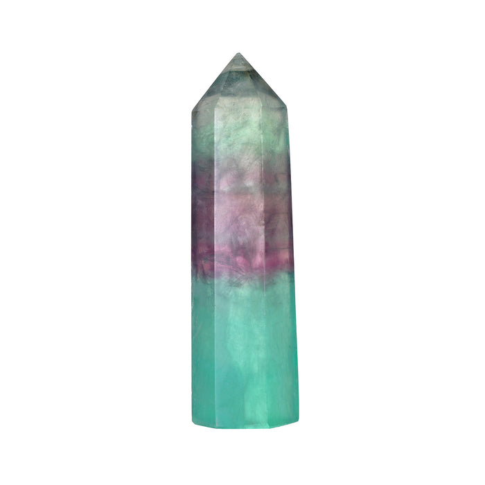 Polished fluorite crystal point with green lower section transitioning to purple and gray tones toward the peaked top.