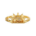 Reclaim Joy Citrine Sunrise Ring featuring a sun-shaped design with a faceted citrine stone, embodying spiritual jewelry qualities for meditation and manifestation. Ideal for those seeking meaningful charm and protection.