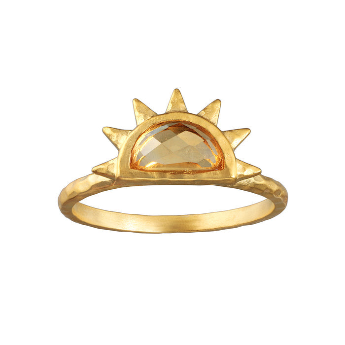 A stunning Reclaim Joy Citrine Sunrise Ring, featuring a beautiful citrine gemstone in the shape of a sun, symbolizing vitality and happiness. This spiritual jewelry piece is perfect for meditation and manifests positive energy, making it a meaningful charm for those practicing yoga or seeking protection. Ideal as a talisman for zodiac enthusiasts, the ring embodies the essence of sunlight, radiating warmth and inspiration.