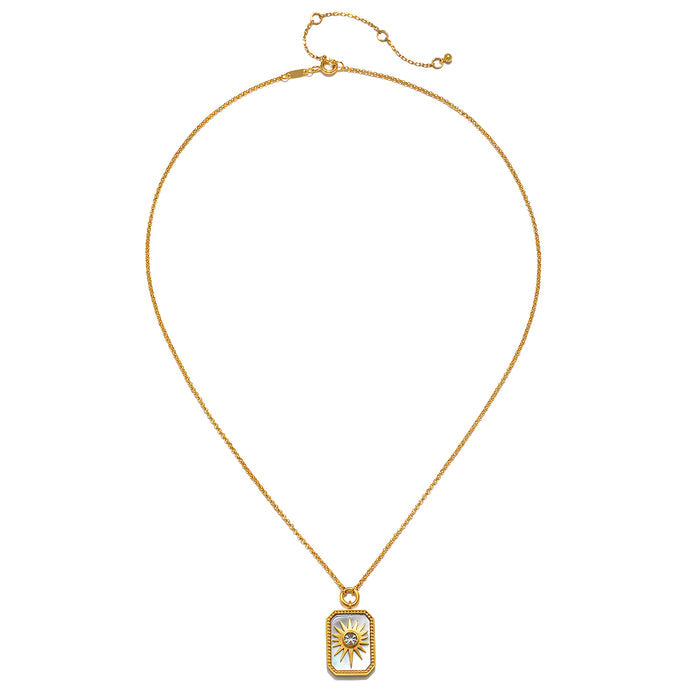 Gold-tone chain necklace with rectangular pendant featuring mother of pearl sun motif and adjustable clasp.